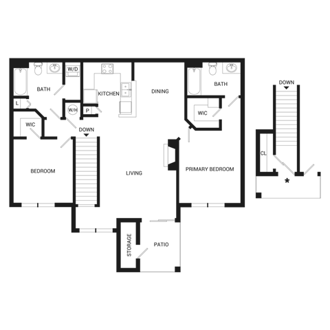 Floor plan for 2 beds, 2 baths, 1219 sqft